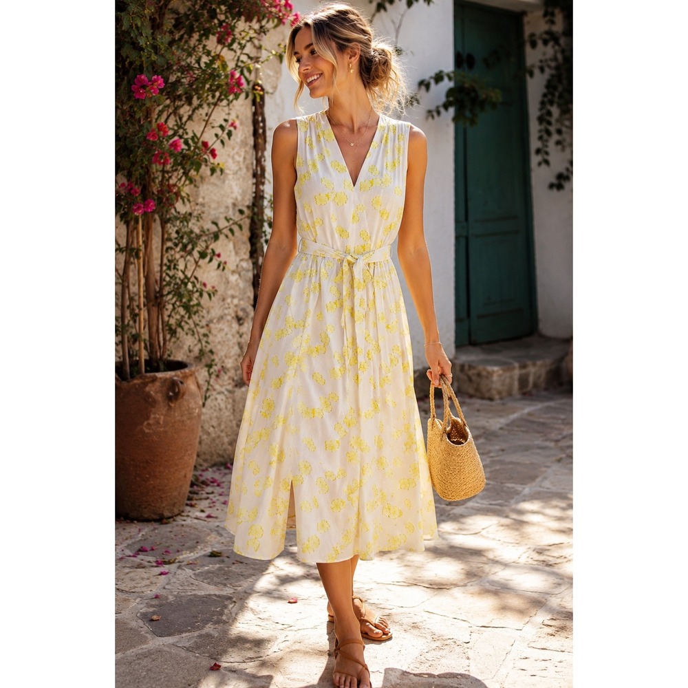 Kate Spade French Cream Flora Organza Fit & Flare Sleeveless Midi Dress Size 10